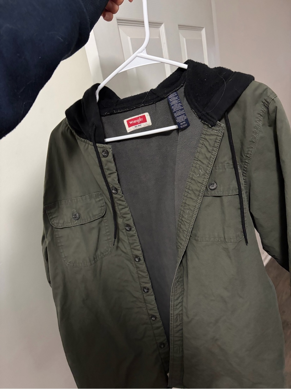 Wrangler Olive Green Lightweight Hooded Shirt Jacket with Black Hood